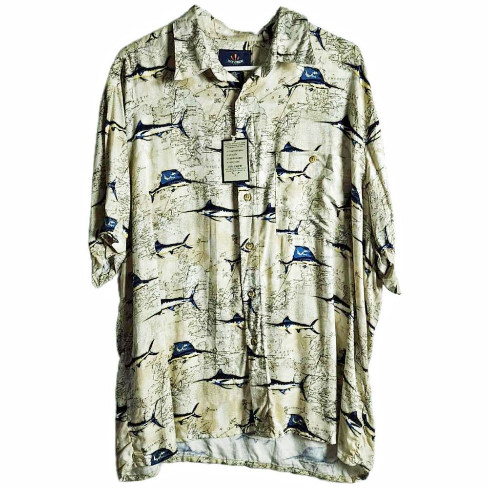 Ivy Crew Vintage 90s Marlin Swordfish Map Shirt - Large NWT - Beige Short Sleeve